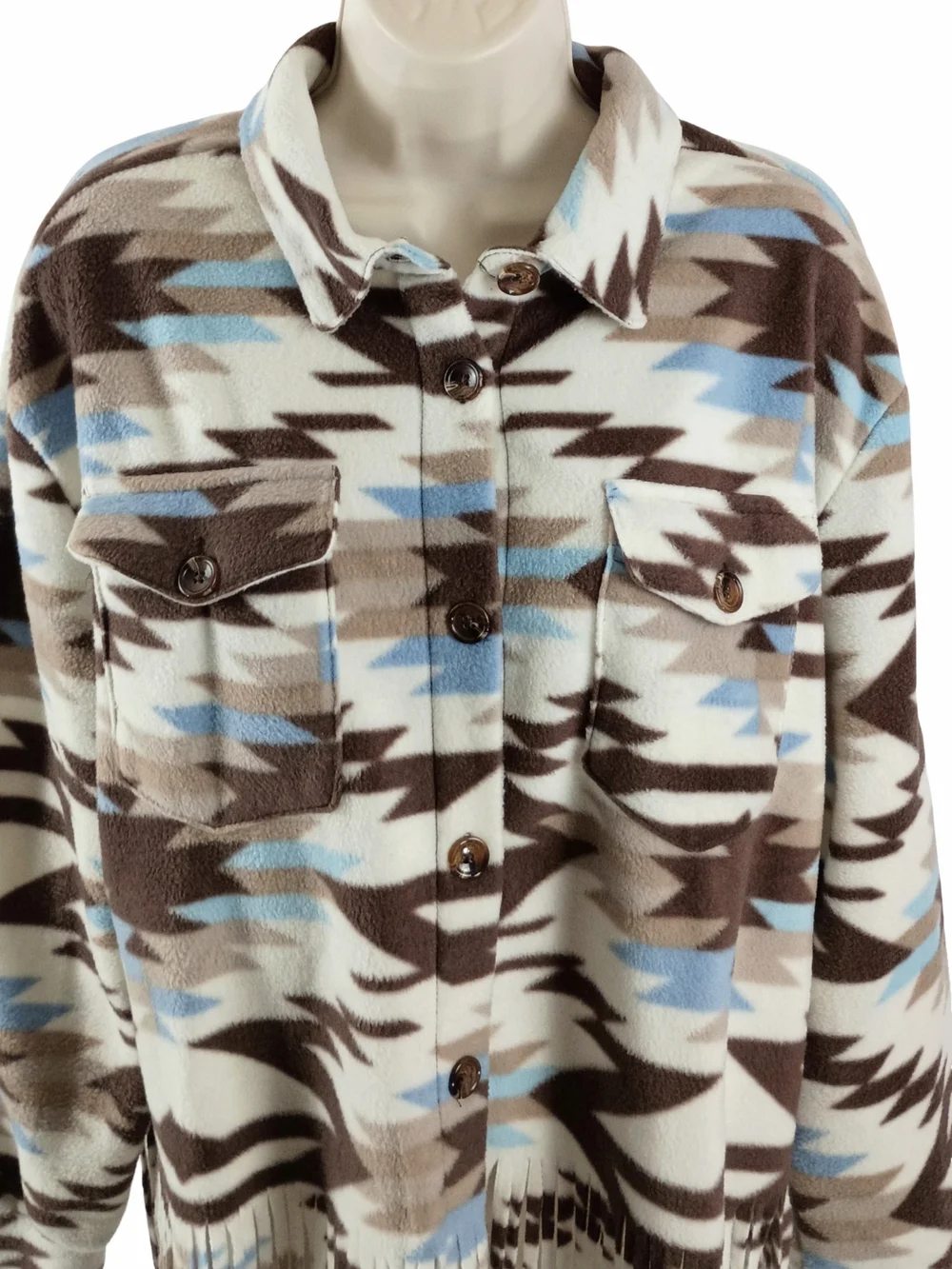Fringed Fleece Blanket Aztec Print Shacket Jacket in Brown & Light Blue